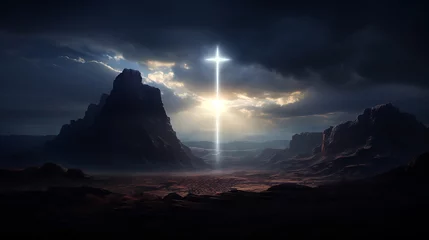 Fotobehang Mountains desert landscape with a bright cross in the sky.  © Faith Stock