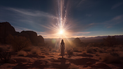 Woman standing in the middle of the desert and looking at the Heavens in the sky. Bright light in dark sky. - obrazy, fototapety, plakaty