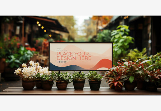 Street Billboard Frame Mockup Template: Vibrant Tabletop Display of Potted Plants with White Board in foreground