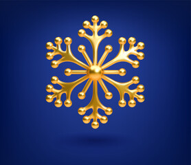 Gold snowflake on a blue background. 3d vector realistic icon of ice crystal. Christmas and New Year decoration, symbol of winter season, cold, frost. Design element for meteorology, weather report - 693118561