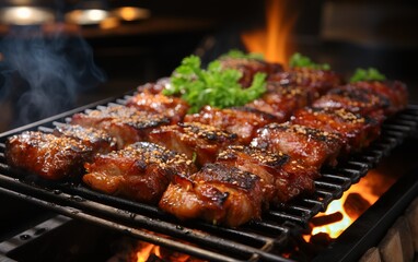 Naklejka premium sizzling barbecue pork belly, perfectly grilled and ready to serve