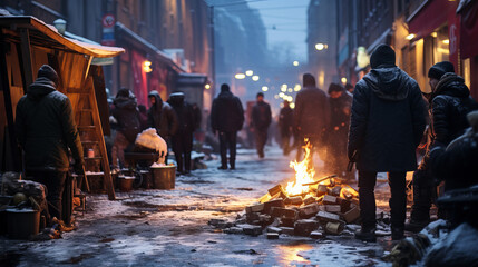 People warm themselves near the fire on the street. Refugee, homeless, emigrant, beggar concept. - obrazy, fototapety, plakaty