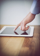 Tablet, finger and planning on interactive screen, mockup and technology for networking or touch. Business person, internet and responsive touchscreen for application, website and research in office