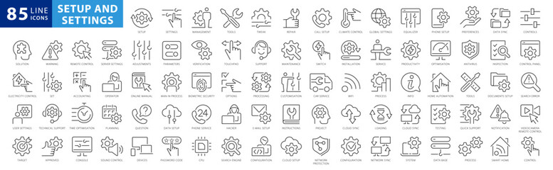 Setting and setup line icons collection. Operation, gear, processing, tools icons. UI icon set. Thin outline icons pack. Vector illustration EPS10 - obrazy, fototapety, plakaty