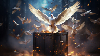 several doves flying out of a magic box