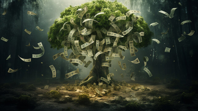 monopoly money tree growing in a mystical forest