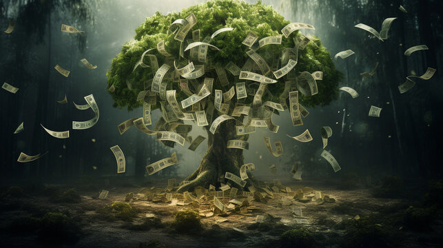 monopoly money tree growing in a mystical forest © 1st footage