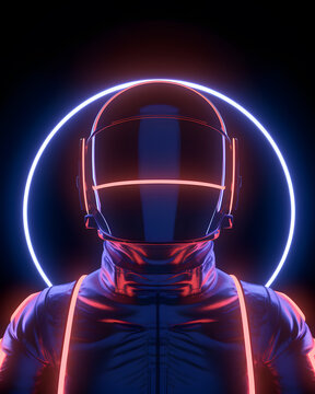 Portrait of astronaut or spaceman with neon light.