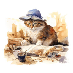 Watercolor cat, png, print, Archaeologist Cat: Cat on a dig, studying ancient artefacts and remains, bright image, watercolour style on white background