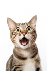 Obraz premium Funny surprised cat isolated on white background. Studio portrait of a cat with amazed face.