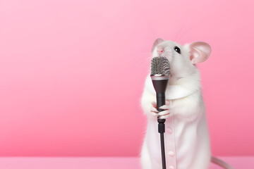 Cute white mouse singing with microphone
