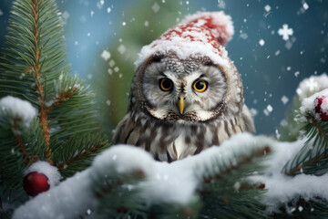 A charming owl dons a Santa Claus hat, perched amidst the dense spruce branches
