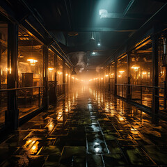 Industrial glow, Night lights transform an urban street into a warm spectacle, capturing the allure...