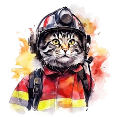 Watercolor cat, png, print, Firefighter cat, vivid image, watercolour style on white background