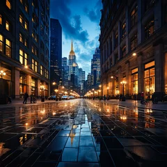 Fotobehang Post-rain panorama, New York street glistens, a captivating urban tableau, reflections and ambiance captured in this mesmerizing stock photo view. © Людмила Мазур