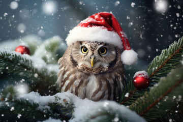 A charming owl dons a Santa Claus hat, perched amidst the dense spruce branches