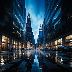 Post-rain panorama, New York street glistens, a captivating urban tableau, reflections and ambiance...