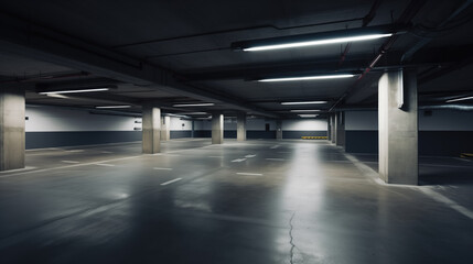 Empty shopping mall underground car park with columns painted in concrete stripe	
