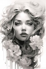 Generative AI, Beautiful young woman face with flowers, drawn by black ink or watercolor. Hand paint black and white fashion sketch.	

