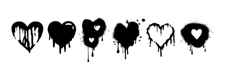 Heart tattoo emo sticker set, vector gothic graffiti love icon kit, black Valentine Day girly print. Liquid romantic silhouette, rock dripping romance sign, splash drops. Heart tattoo y2k collection - obrazy, fototapety, plakaty