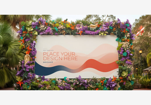 Street Frame Mockup Template with White Board, Flowers, Plants, Sky Background, and Palm Trees for Advertising Signage on Stock Photo Websites