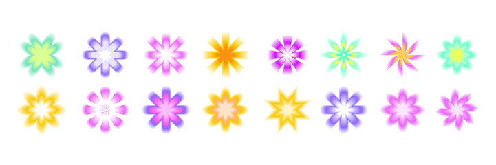 Y2k blur flower set, vector gradient futuristic shapes, cute aura retro groovy star color stickers. Trendy pastel brutalism forms, blend fluid effect, soft minimalistic collection. Blur flowers kit