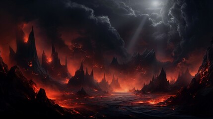 Dark and fiery landscape with lava and rocks AI Generated