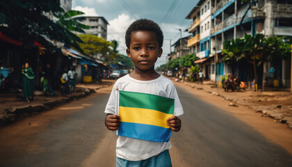 Gabonese kid holding Gabon flag in Libreville street