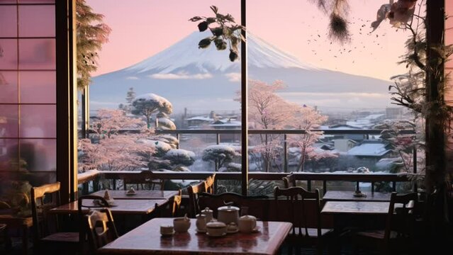 Japanese restaurant in cozy winter. seamless looping 4k  time-lapse virtual video animation background. Generated AI