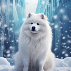 portrait of a white dog in snow made with generative AI