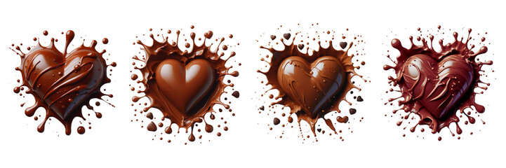 Set of Flat Lay of Liquid chocolate heart with drips and splashes, Valentine's day, isolated over on transparent background(3) - obrazy, fototapety, plakaty
