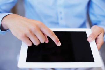 Tablet, finger and screen for interactive design, mockup and technology for networking or touch. Businessman, internet and responsive touchscreen for application, website and research in office