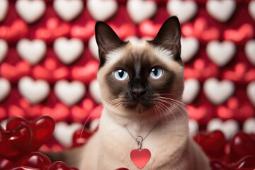 Siamese Cat with a Heart Background / Valentines Cat with a Blank heart collar 
