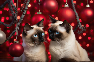 Two Siamese Cats with a ornament red background 