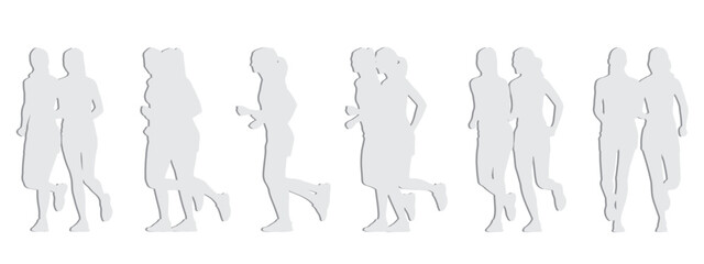Vector concept conceptual gray paper cut silhouette of two women running from different  perspectives isolated on white. A metaphor for sport , fitness, motivation, health, energy and lifestyle