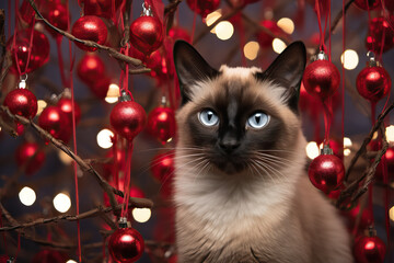 Siamese Cat with a Red Ornament Bauble Background 