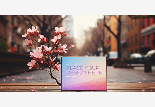 Street Frame Mockup Template: White Square Frame on Wooden Table with Pink Flower Tree, Buildings, Cars, Sidewalk, and Trees in foreground and Backg