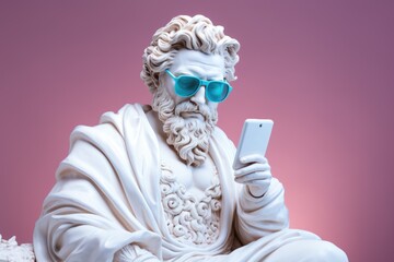 Portrait of a pensive white sculpture of Zeus wearing blue sunglasses with a smartphone in his hand on a light purple background.