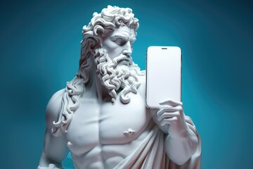 White sculpture of Poseidon with a large smartphone in his hand on a blue background. Creativity mockup.
