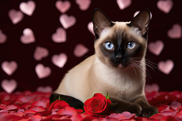 Valentines Day Siamese Cat with Roses and Hearts 