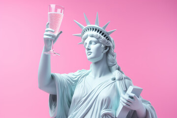 White sculpture of the statue of liberty with a champagne glass in hand on a pink background.