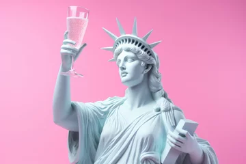 Fotobehang White sculpture of the statue of liberty with a champagne glass in hand on a pink background. © Владимир Солдатов