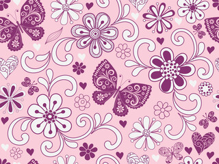 Vector tricolor valentines pattern of hearts and flowers and butterflies in doodle style on a rosr background