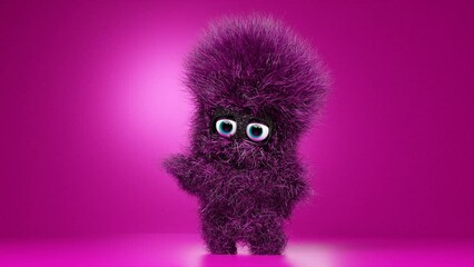 3D purple furry cartoon character Funny dancing furry creature on a purple background. looped video