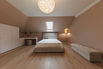 Contemporary Cottage Teen Room: Bed, Wardrobe, Skylight, Desk, Lamp Ensemble
