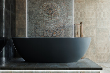 Sleek Sophistication: Stylish Gray Bathroom Enhanced by Gilded Faucet