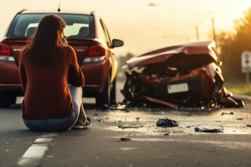A female motorist has a car accident asking for roadside assistance or an insurance company standing on the road after a car accident. - obrazy, fototapety, plakaty
