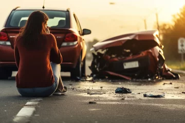 Fotobehang A female motorist has a car accident asking for roadside assistance or an insurance company standing on the road after a car accident. © เลิศลักษณ์ ทิพชัย