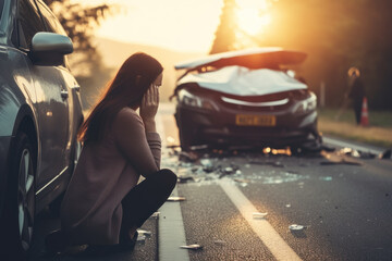 A female motorist has a car accident asking for roadside assistance or an insurance company standing on the road after a car accident. - Powered by Adobe