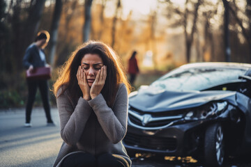 A female motorist has a car accident asking for roadside assistance or an insurance company standing on the road after a car accident. - obrazy, fototapety, plakaty